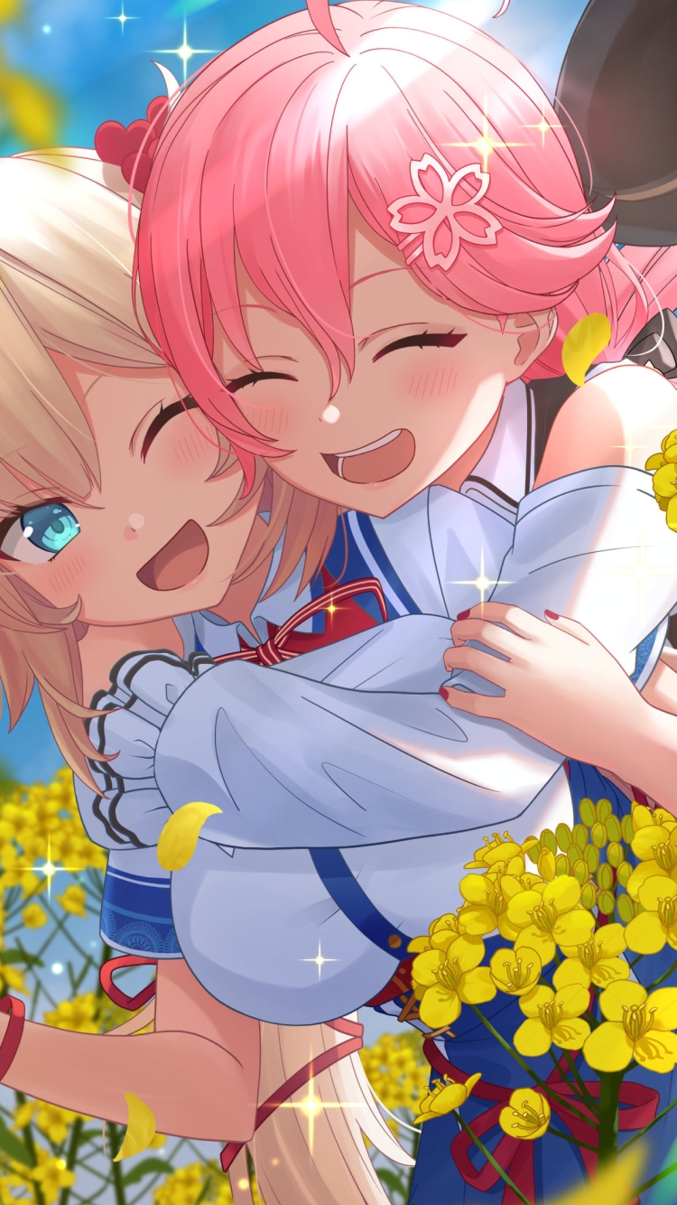 菜の花畑で赤井はあとに抱き着くさくらみこ / ホロライブ / バーチャルYouTuber / Vtuberの750 x 1334 / スマホ壁紙