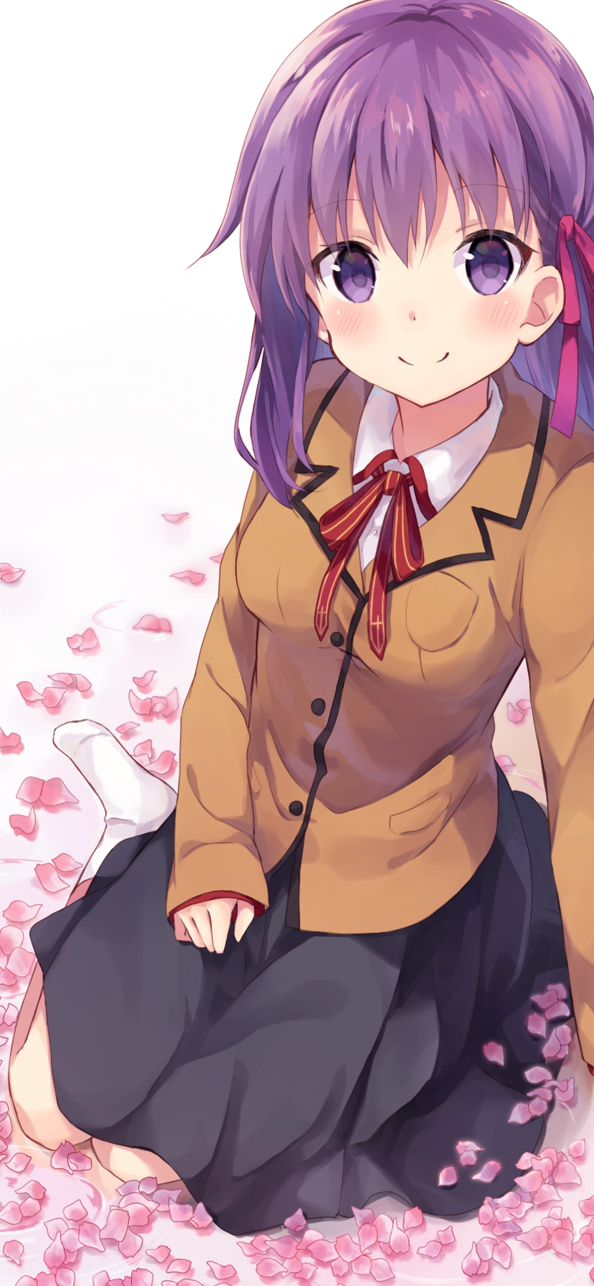 ピンクの花びらの上に座る可愛い間桐桜 / Fateの1170 x 2532 / スマホ壁紙