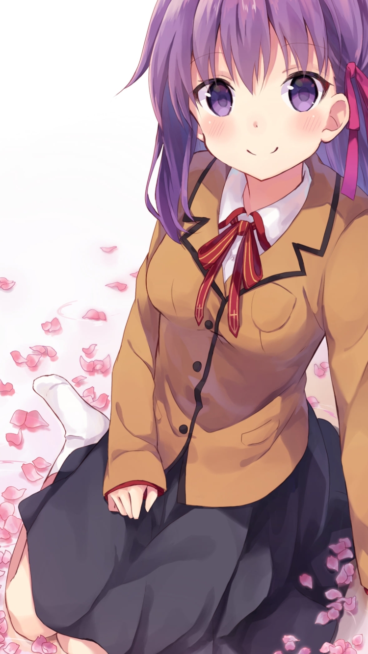 ピンクの花びらの上に座る可愛い間桐桜 / Fateの750 x 1334 / スマホ壁紙