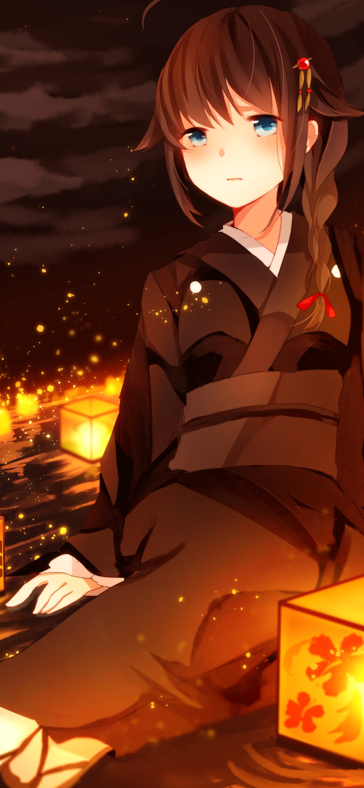 光る灯篭と黒い着物を着た時雨 / 艦隊これくしょんの1170 x 2532 / スマホ壁紙