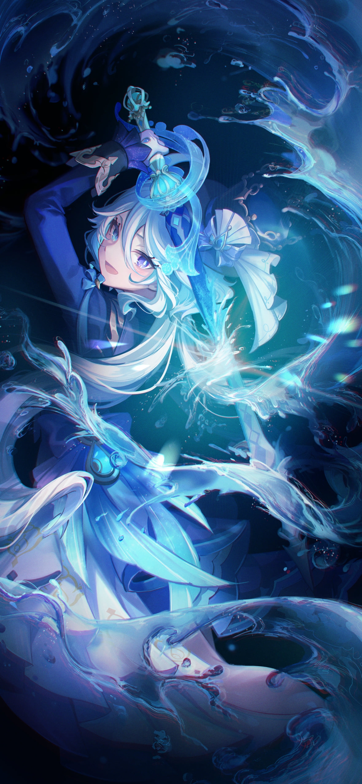 剣を振り水を撒き散らすフリーナ / 原神の1170 x 2532 / スマホ壁紙