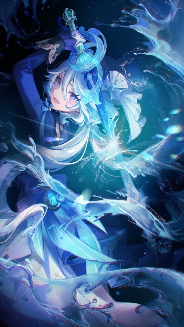 剣を振り水を撒き散らすフリーナ / 原神の750 x 1334 / スマホ壁紙