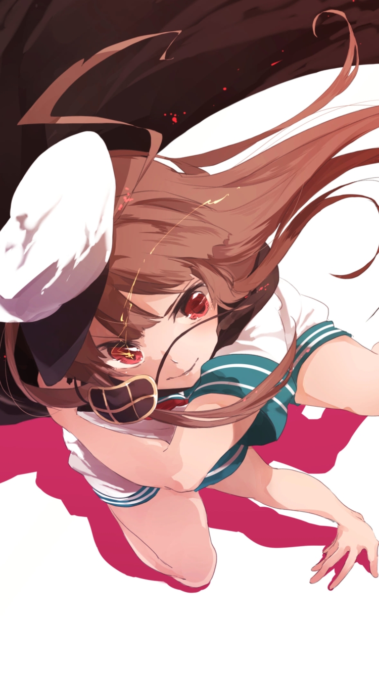 マントを抑えてしゃがむかっこいい球磨 / 球磨型軽巡洋艦の1番艦 / 艦隊これくしょんの750 x 1334 / スマホ壁紙
