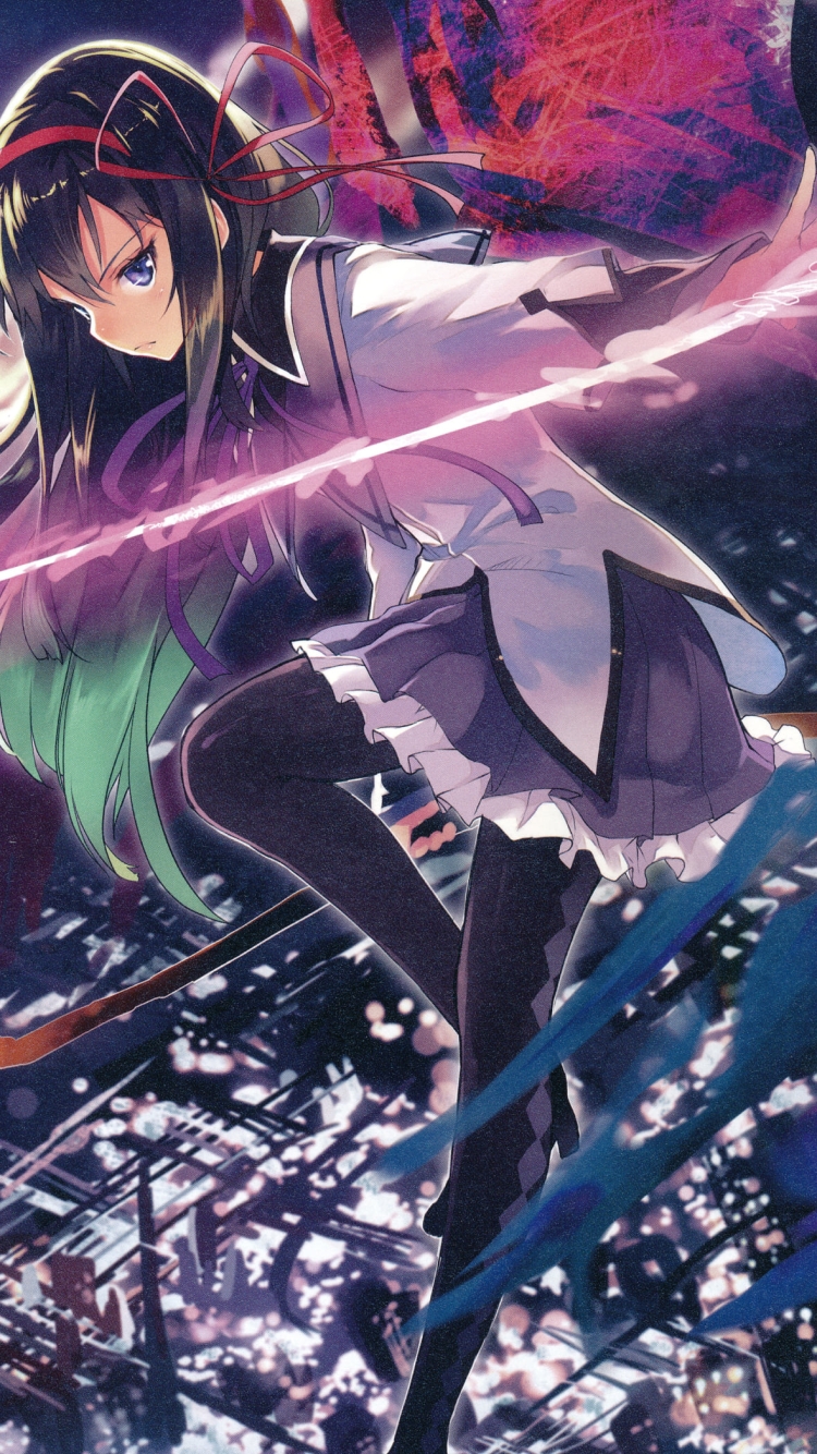 夜の街の上空で攻撃する暁美ほむら / 魔法少女まどか☆マギカの750 x 1334 / スマホ壁紙