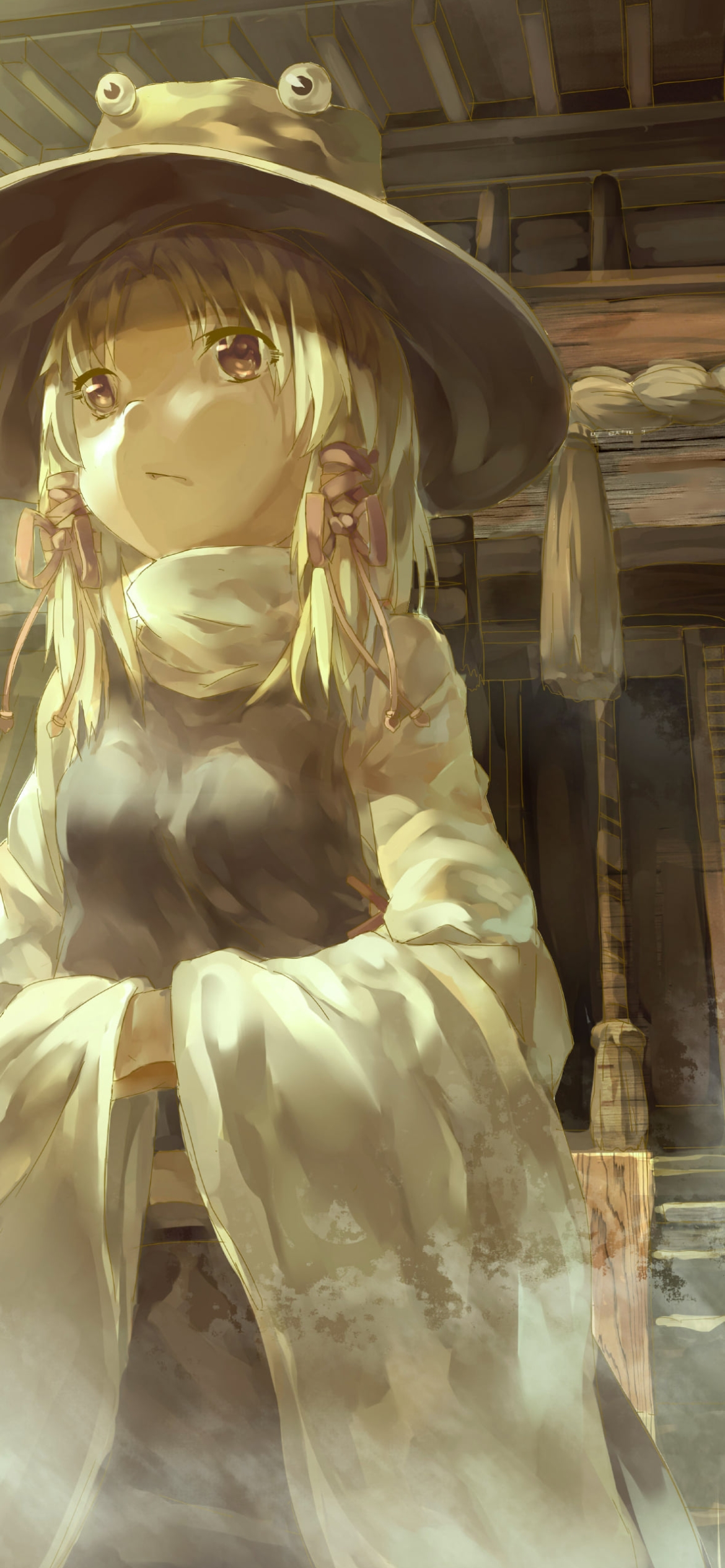 拝殿の前に立つ洩矢諏訪子(もりや すわこ) / 向拝 / 東方の1170 x 2532 / スマホ壁紙