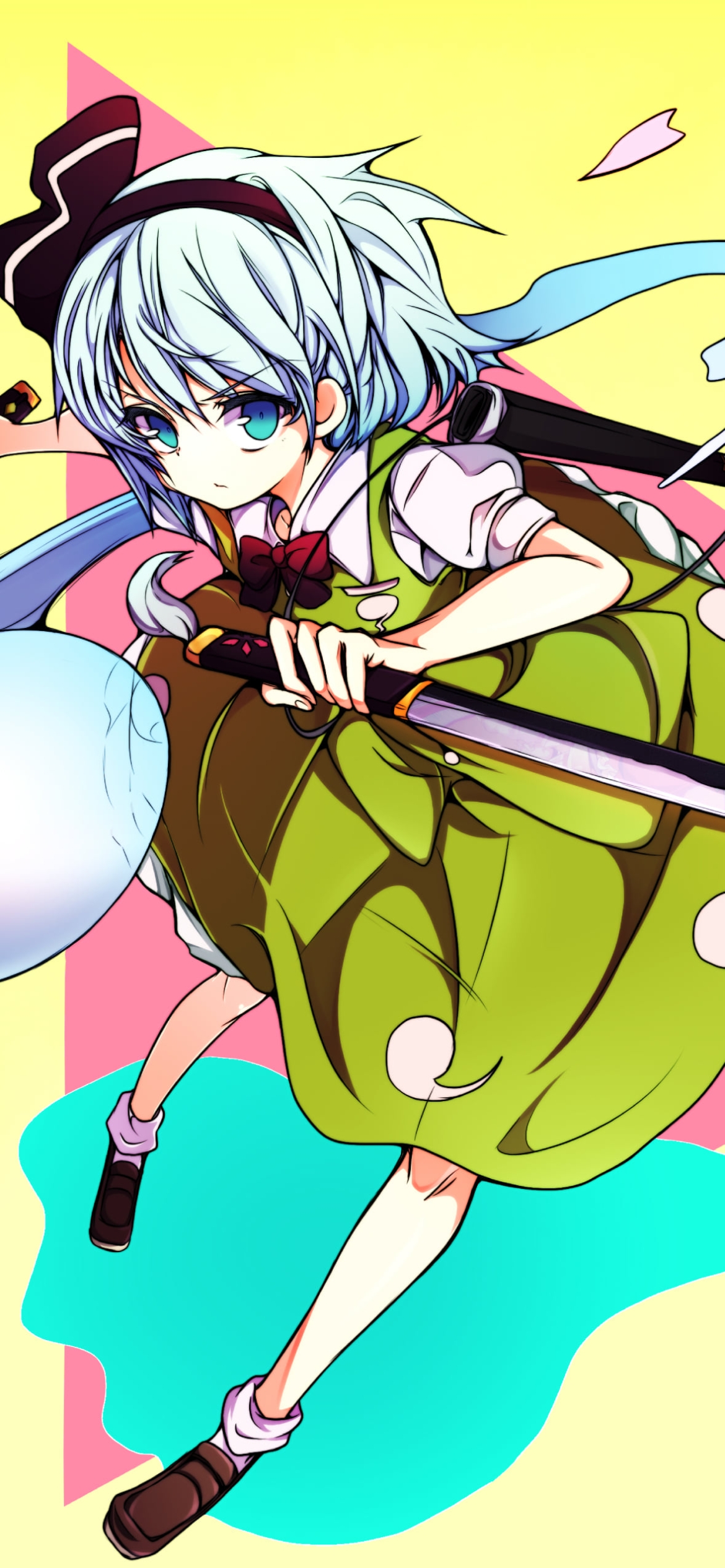 ポップなタッチで描かれた両手に剣を持つ魂魄妖夢 / 半霊 / 東方の1170 x 2532 / スマホ壁紙