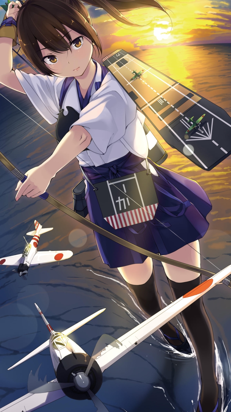 海上で弓を構える加賀 / 零戦 / 艦隊これくしょんの750 x 1334 / スマホ壁紙