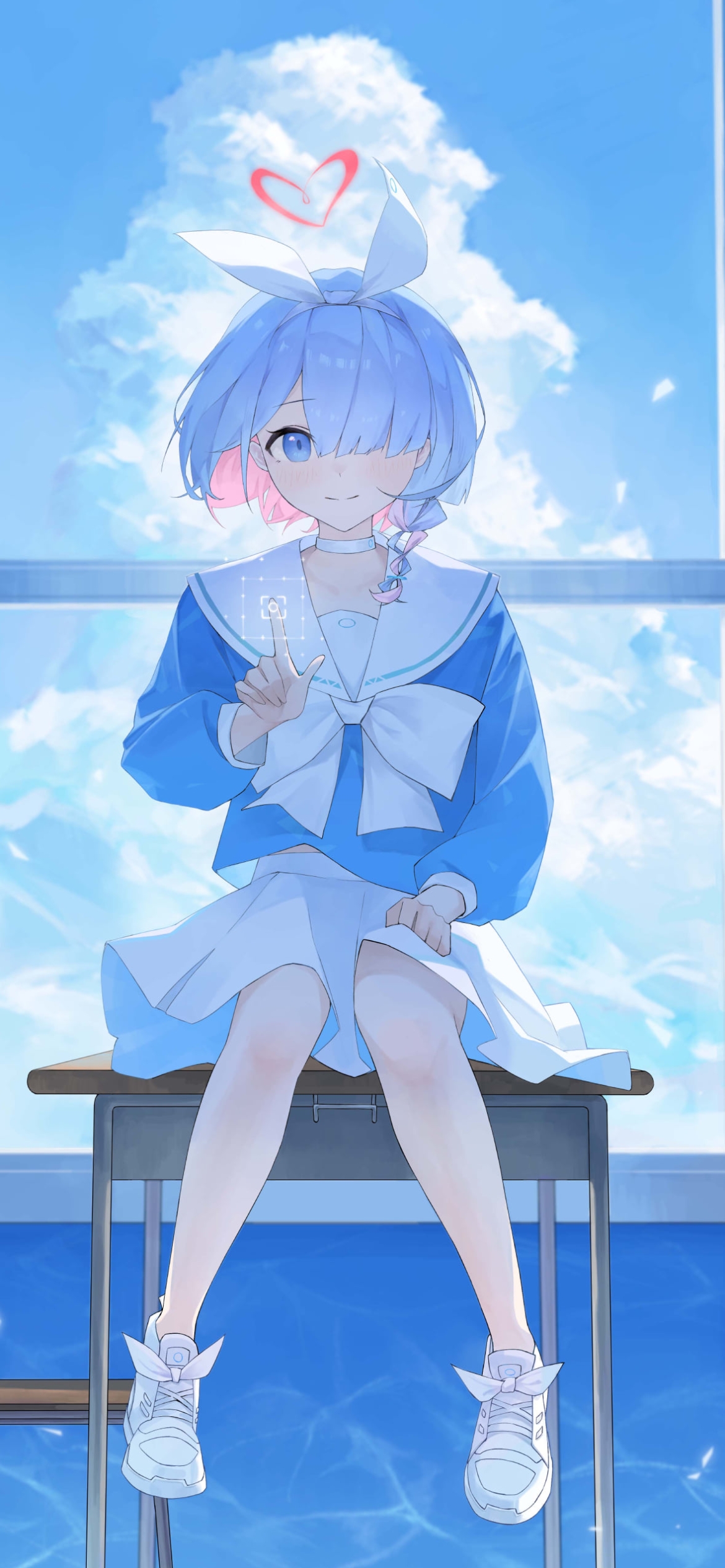 窓際の机の上に座るアロナ / ブルーアーカイブの1170 x 2532 / スマホ壁紙