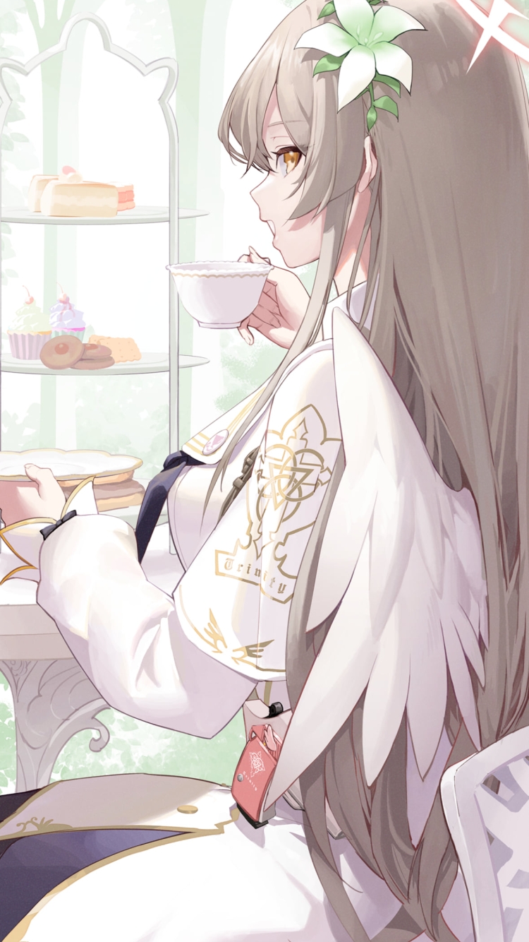 椅子に腰かけ紅茶を飲む桐藤ナギサ / ブルーアーカイブの750 x 1334 / スマホ壁紙