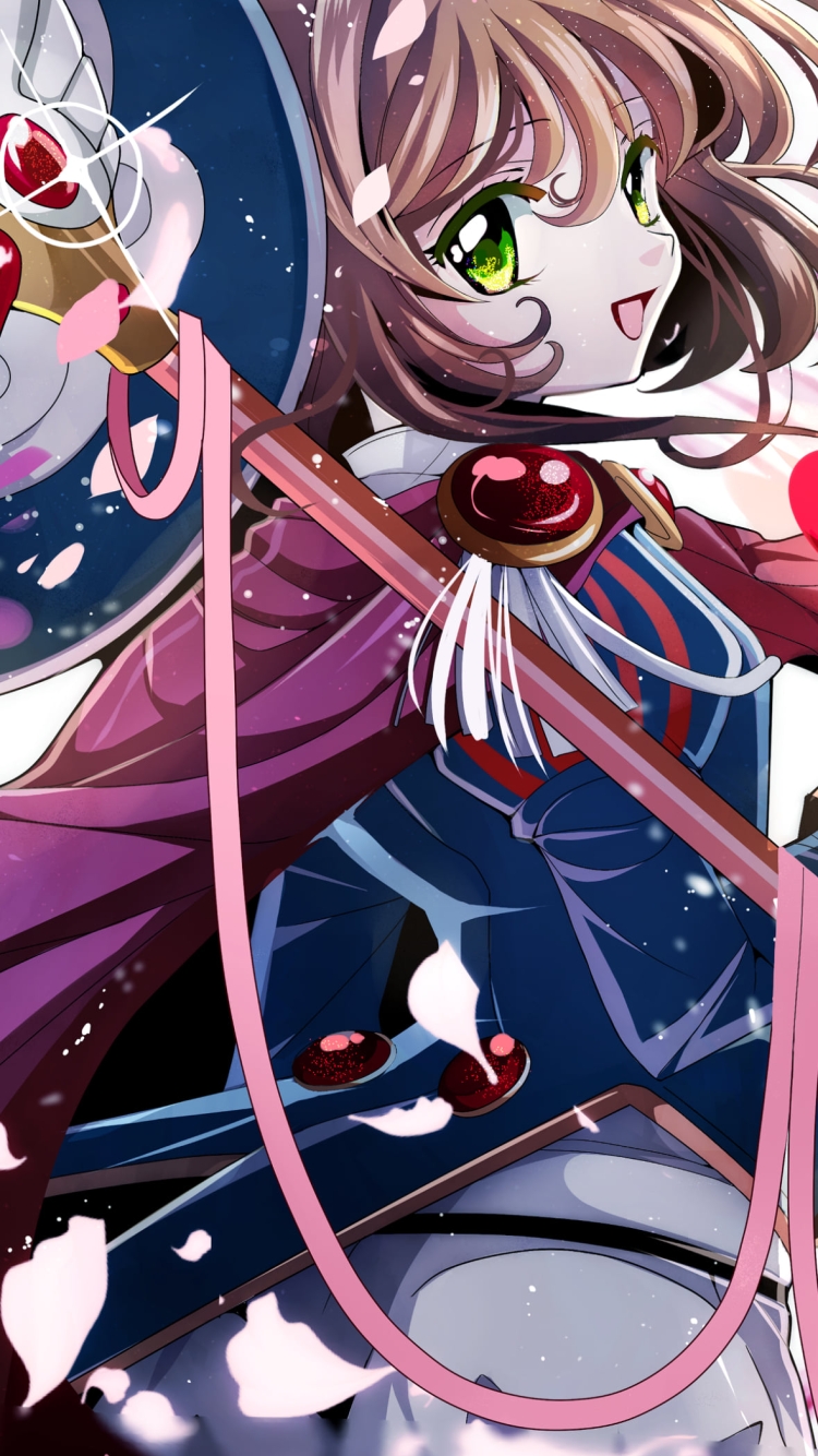 赤い杖を持ち振り返る木之本桜 / カードキャプターさくらの750 x 1334 / スマホ壁紙