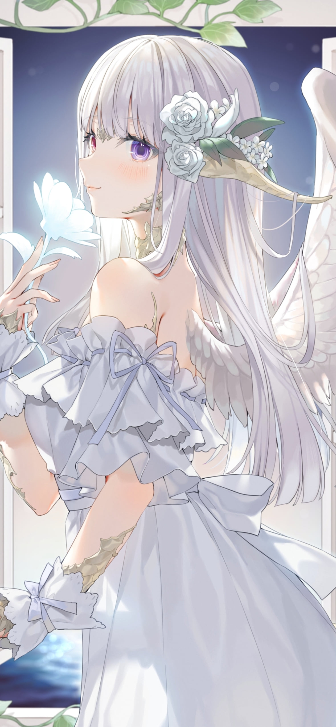 窓辺で白い花を持つアウラ / ファイナルファンタジーXIV: 新生エオルゼアの1170 x 2532 / スマホ壁紙
