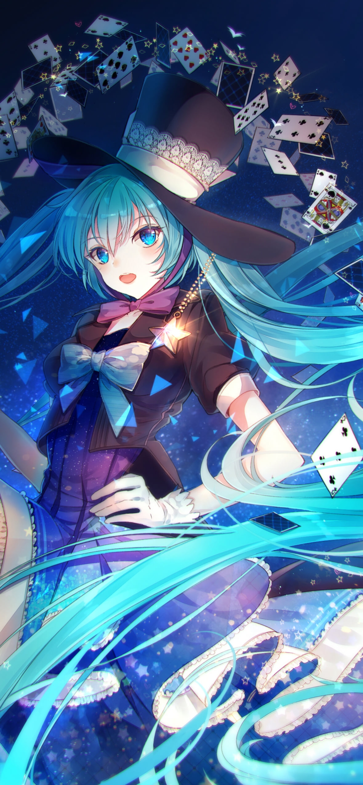 沢山のトランプとシルクハットをかぶった初音ミク / ボカロの1170 x 2532 / スマホ壁紙