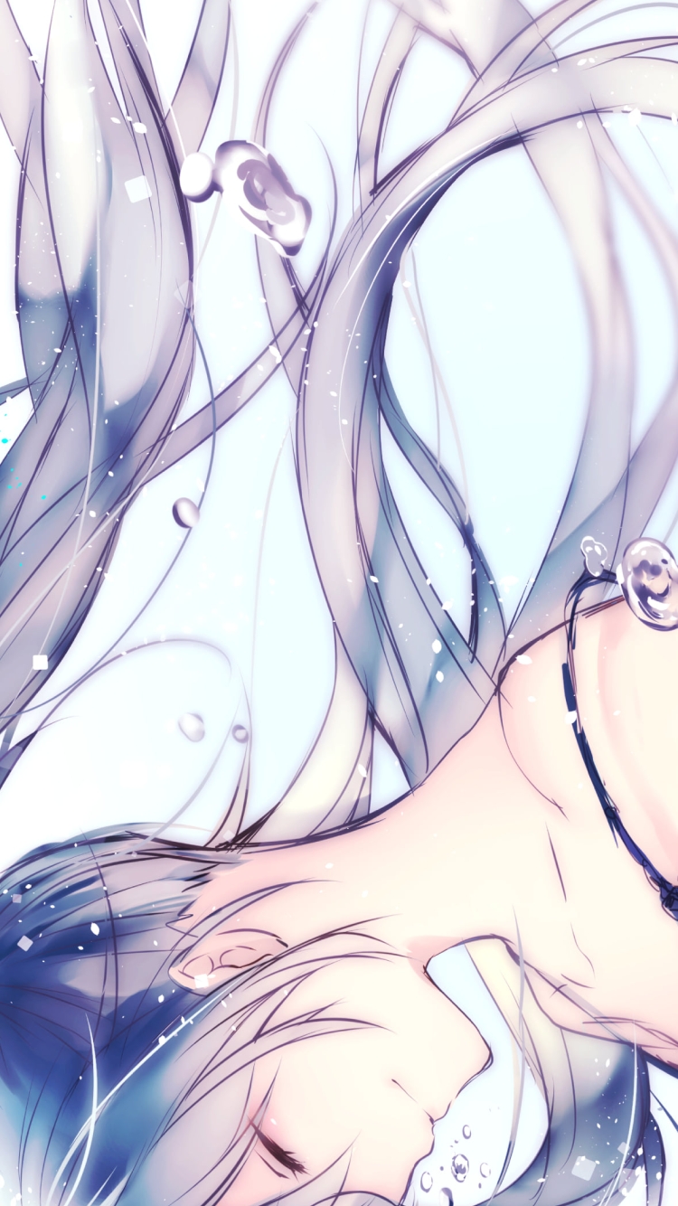 無数の水滴と目をつぶる初音ミク / ボカロの750 x 1334 / スマホ壁紙
