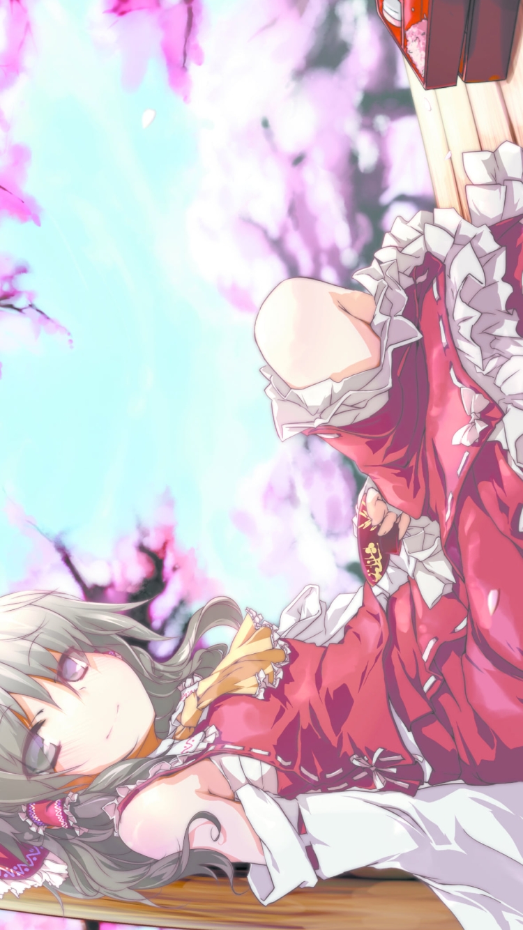 木の柱にもたれてこちらを見つめる博麗霊夢 / 東方の750 x 1334 / スマホ壁紙