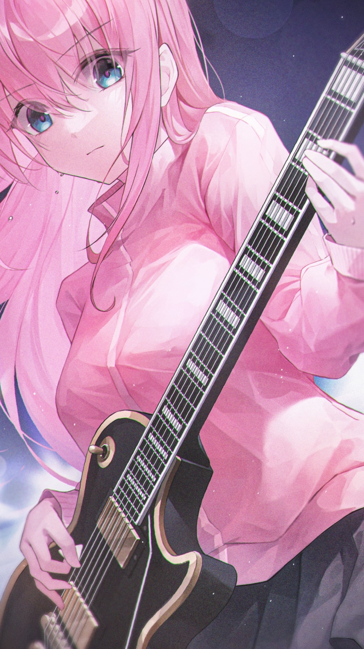 ライブで黒いギターを弾く後藤ひとり / ピンクの髪 / ピンクの服 / ぼっち・ざ・ろっく!の750 x 1334 / スマホ壁紙