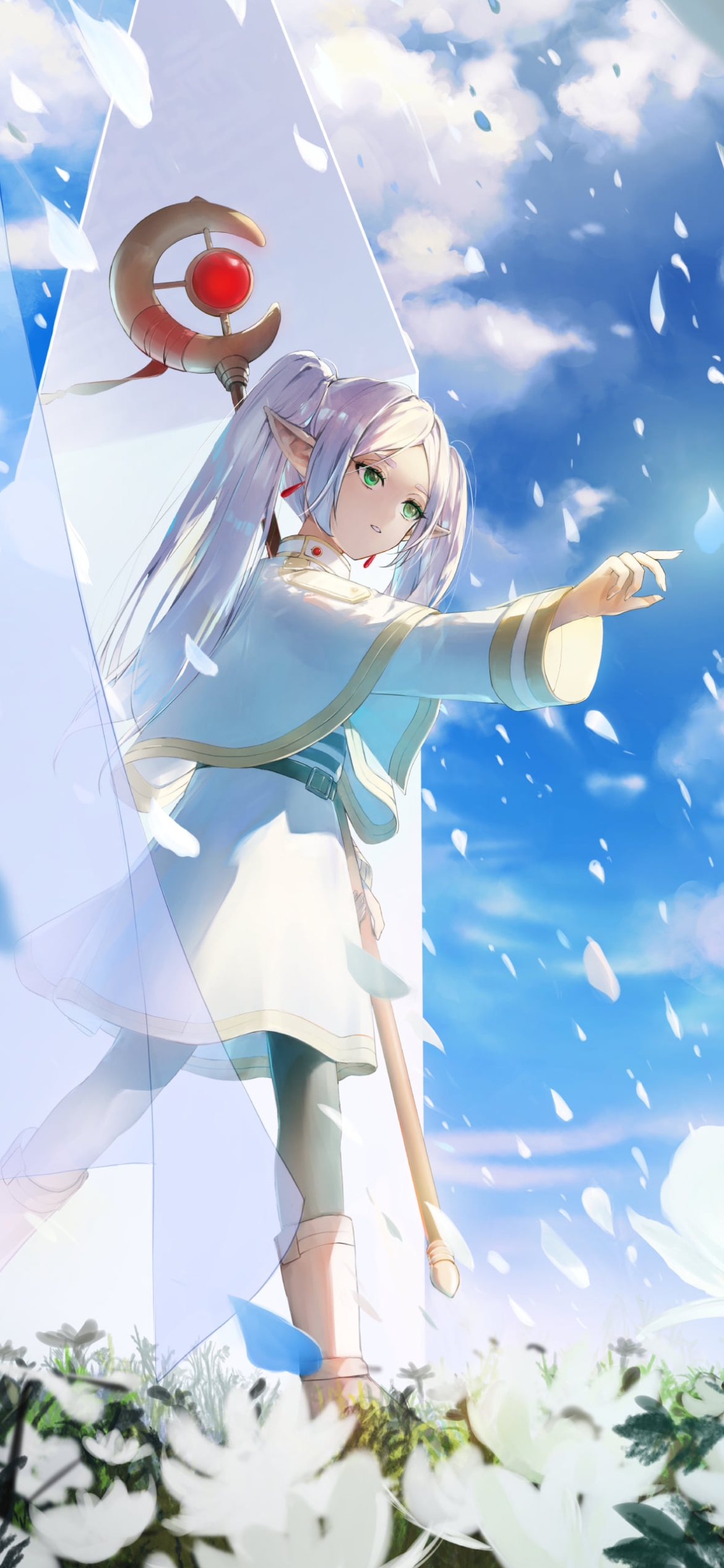 舞い上がる蒼月草の花びらに手をかざすフリーレン / 葬送のフリーレンの1170 x 2532 / スマホ壁紙