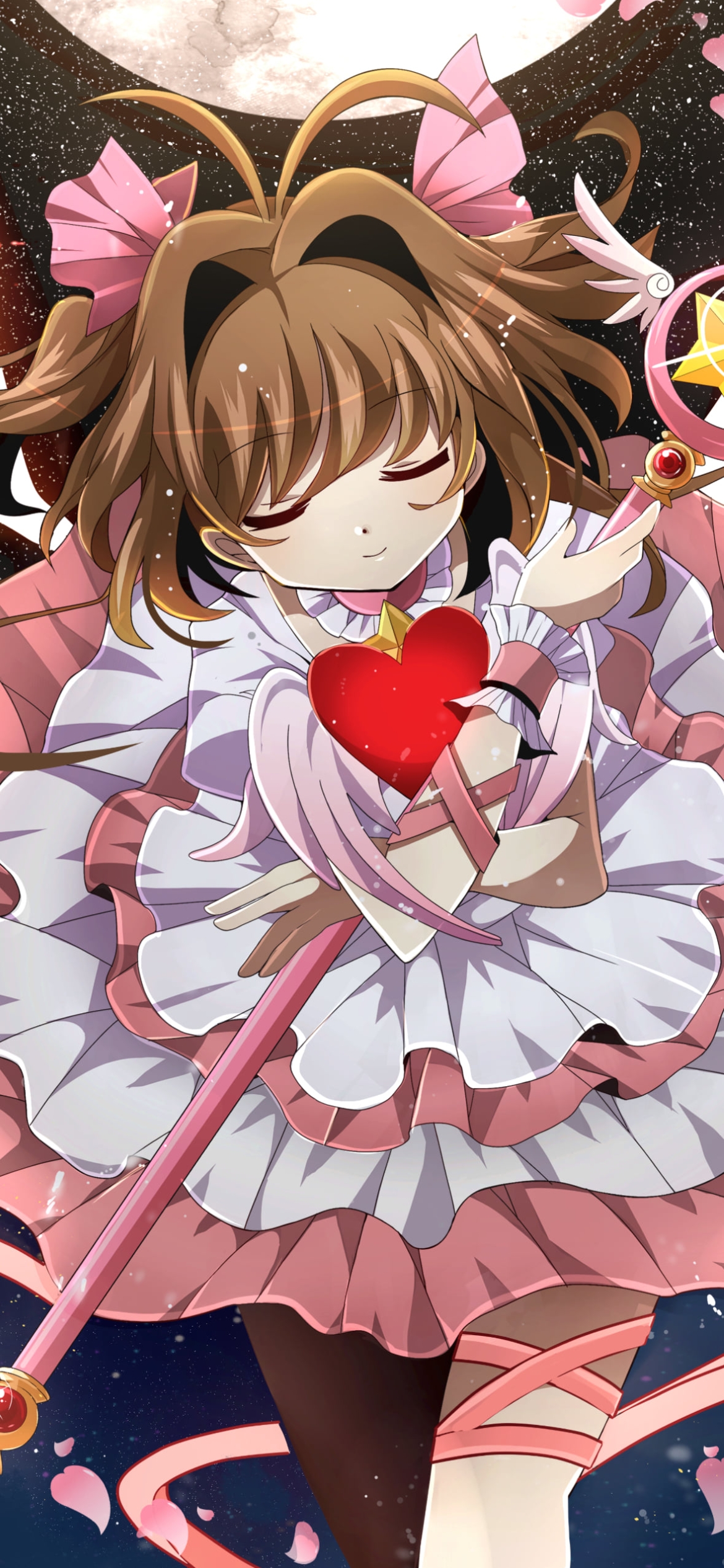 ピンクの杖を持ち目をつぶる木之本桜 / カードキャプターさくらの1170 x 2532 / スマホ壁紙