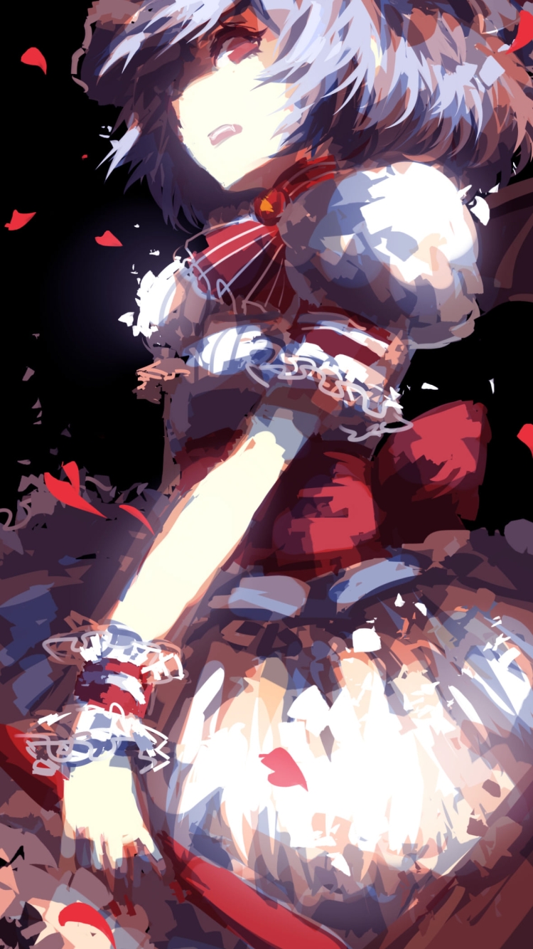 赤い花びらと振り返るレミリア・スカーレット / ラフスケッチ / 東方の750 x 1334 / スマホ壁紙