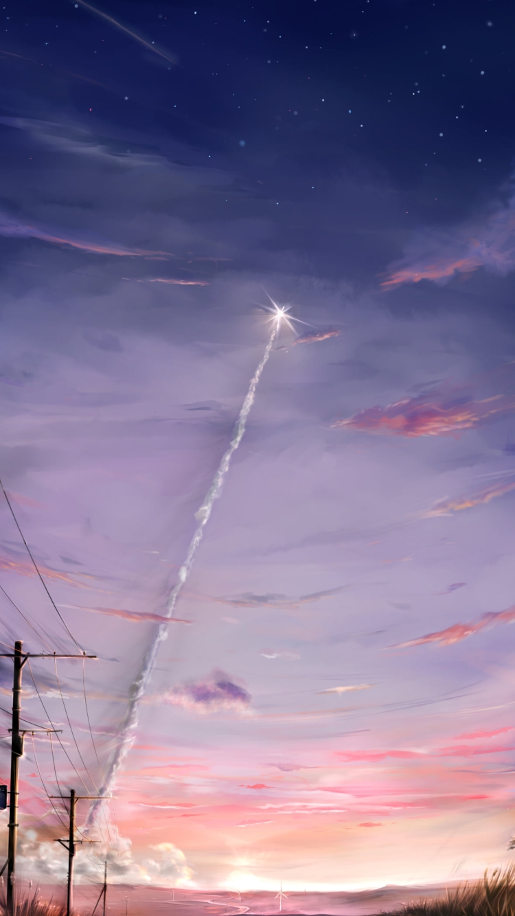 煙をあげて打ちあがるロケット / 電柱 / 星空の750 x 1334 / スマホ壁紙