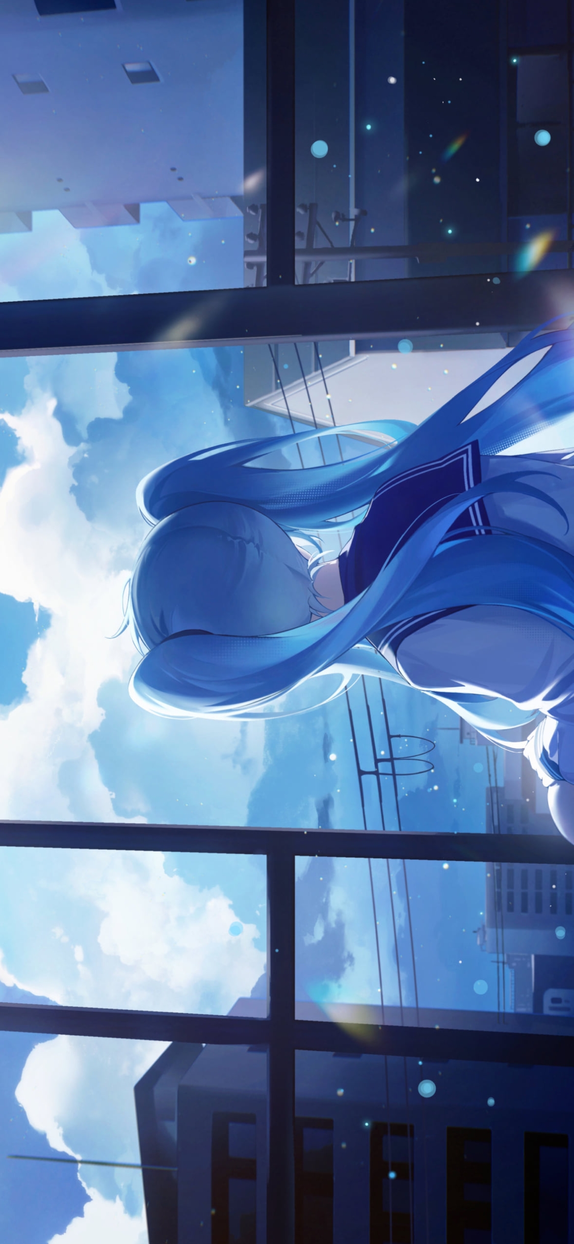 体育座りをして空を見つめる制服姿の初音ミク / ボーカロイドの1170 x 2532 / スマホ壁紙