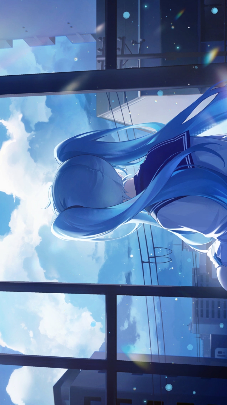 体育座りをして空を見つめる制服姿の初音ミク / ボーカロイドの750 x 1334 / スマホ壁紙