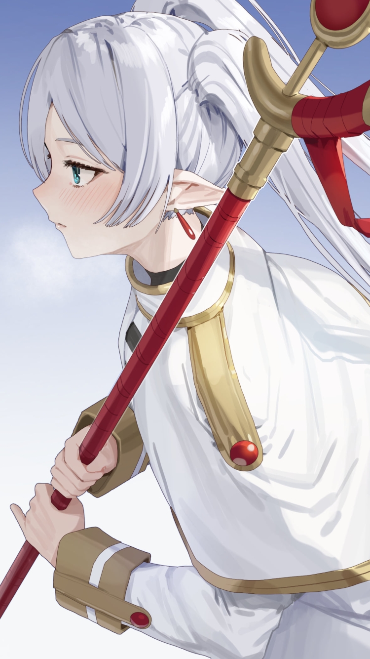 斜め上から見た赤い杖を持つフリーレン / 葬送のフリーレンの750 x 1334 / スマホ壁紙