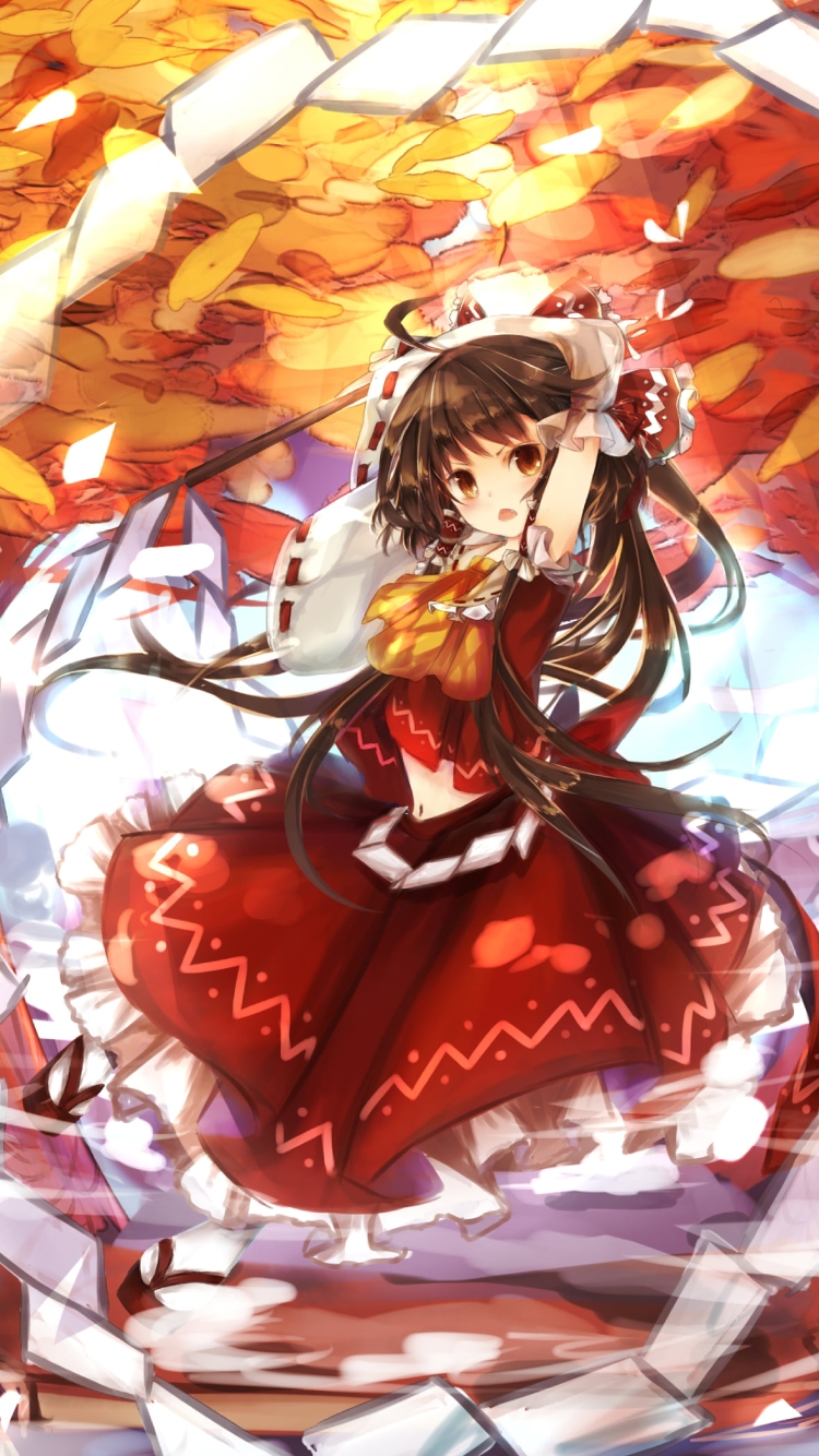 白いお札を撒き散らす博麗霊夢 / 東方の750 x 1334 / スマホ壁紙
