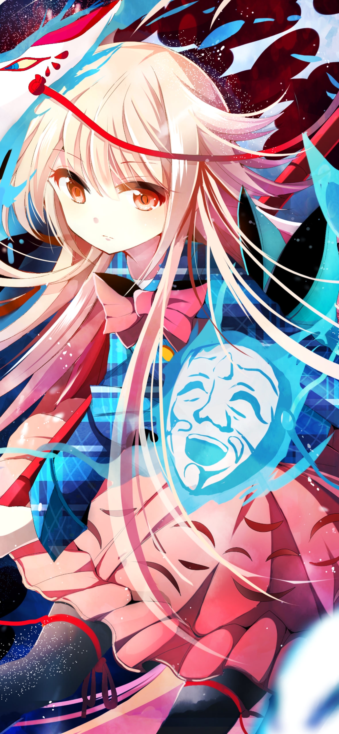笑うお面と秦こころ / 東方の1170 x 2532 / スマホ壁紙