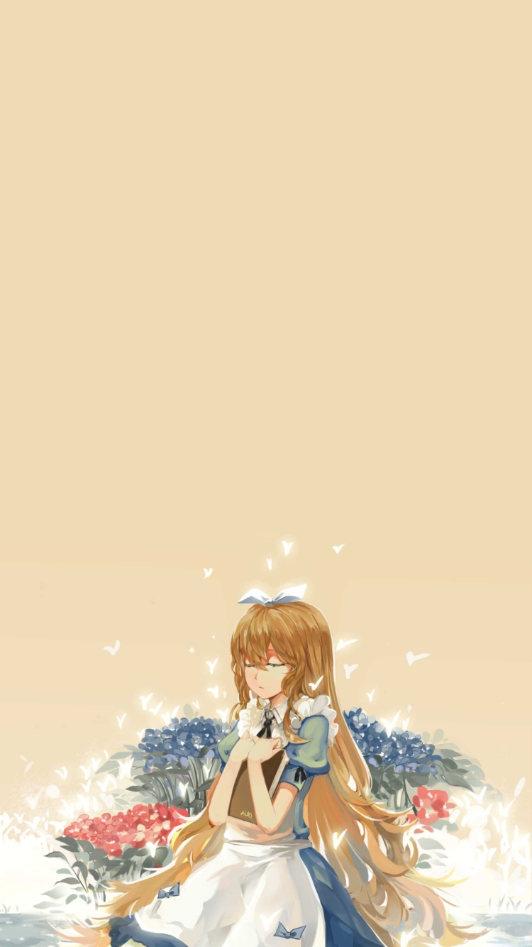 本を抱えて地べたに座るアリス / 赤と青の花 / 不思議の国のアリスの750 x 1334 / スマホ壁紙