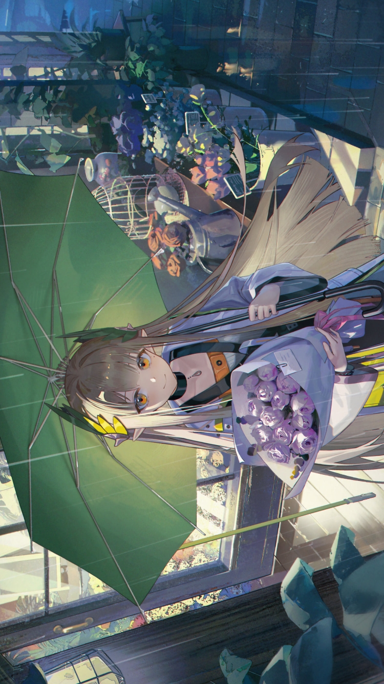 薔薇の花束を持ち緑の傘をさすミュルジス / アークナイツの750 x 1334 / スマホ壁紙