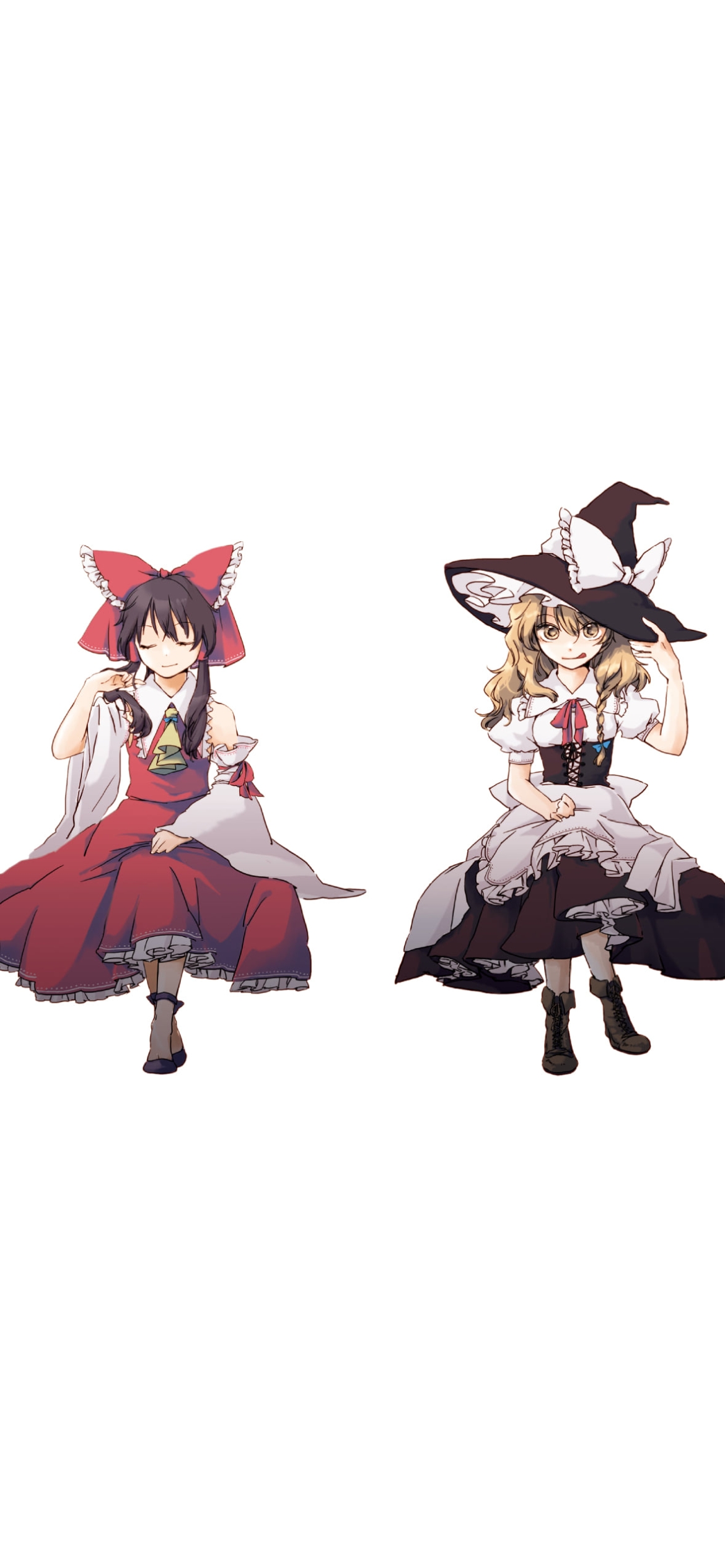 舌を出す霧雨魔理沙と目をつぶる博麗霊夢 / 東方の1170 x 2532 / スマホ壁紙