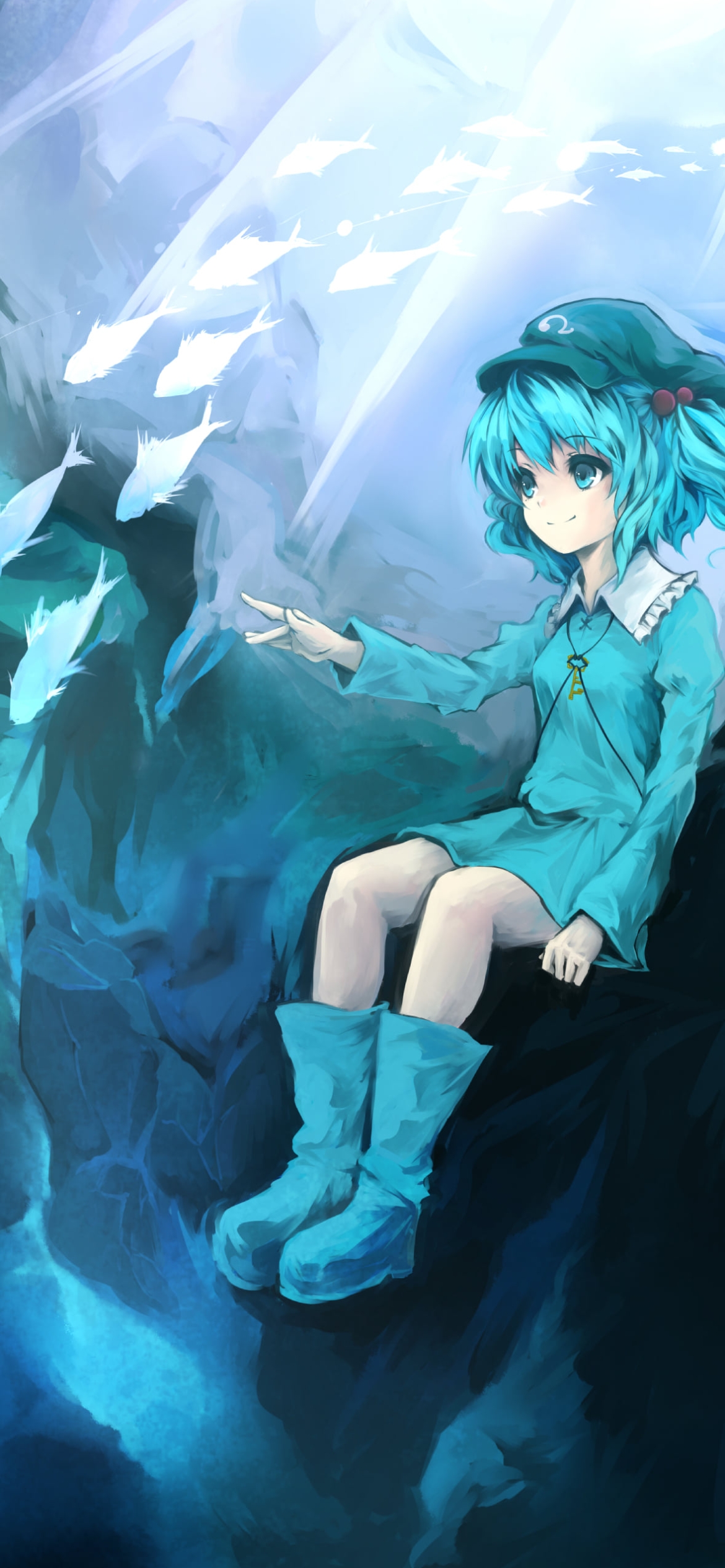 海中の岸壁に座る河城にとり / 魚の群れ / 東方の1170 x 2532 / スマホ壁紙