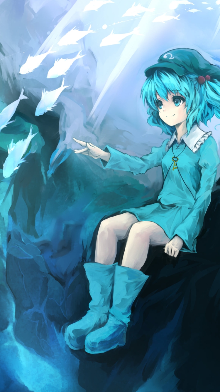 海中の岸壁に座る河城にとり / 魚の群れ / 東方の750 x 1334 / スマホ壁紙