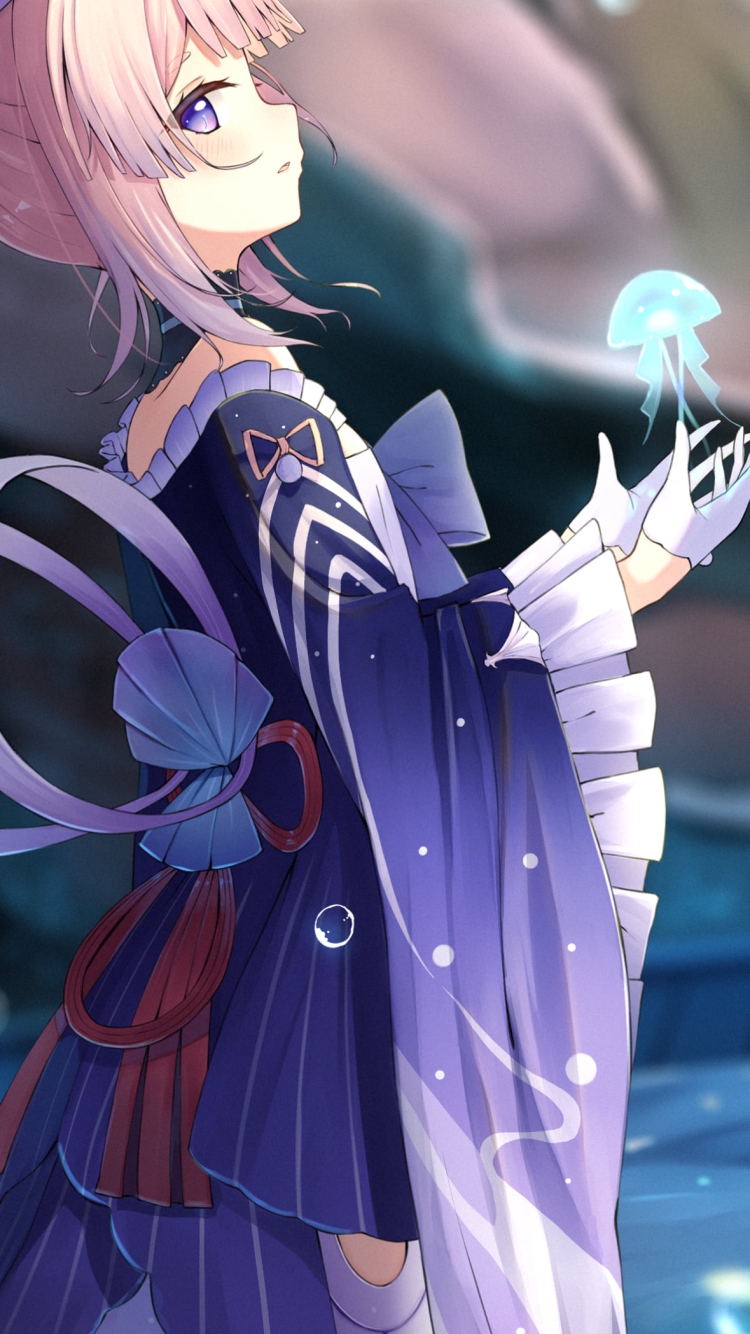 青く光るクラゲと珊瑚宮心海 / 原神の750 x 1334 / スマホ壁紙
