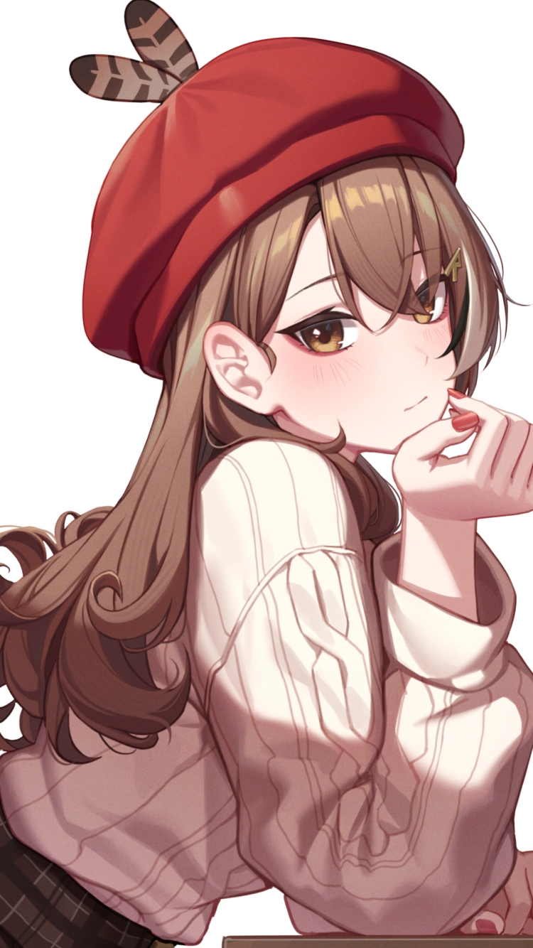 赤いベレー帽を被った可愛い七詩ムメイ / ホロライブ / バーチャルYouTuber / Vtuberの750 x 1334 / スマホ壁紙