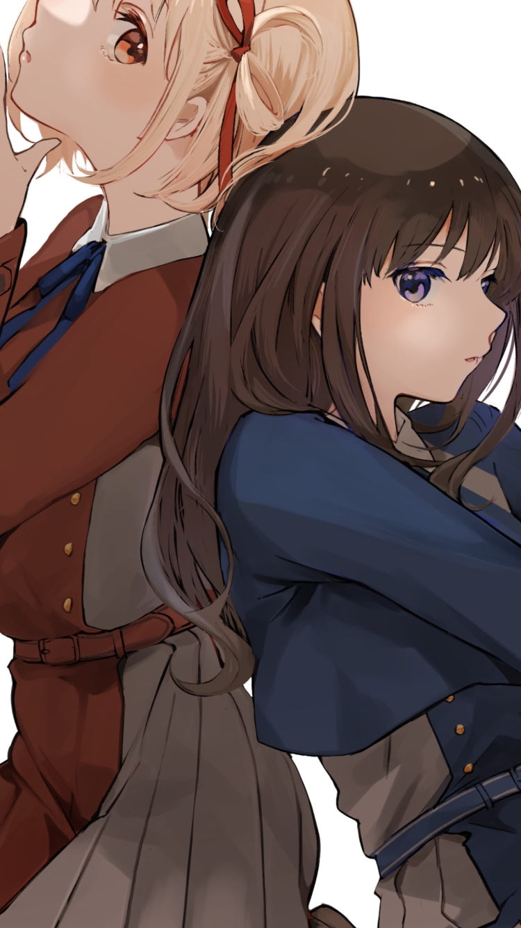 背中合わせに座る錦木千束と井ノ上たきな / リコリス・リコイルの750 x 1334 / スマホ壁紙