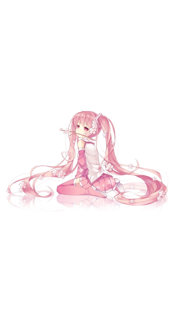 桜の枝を咥える可愛い桜ミク / 初音ミク / ボカロの750 x 1334 / スマホ壁紙