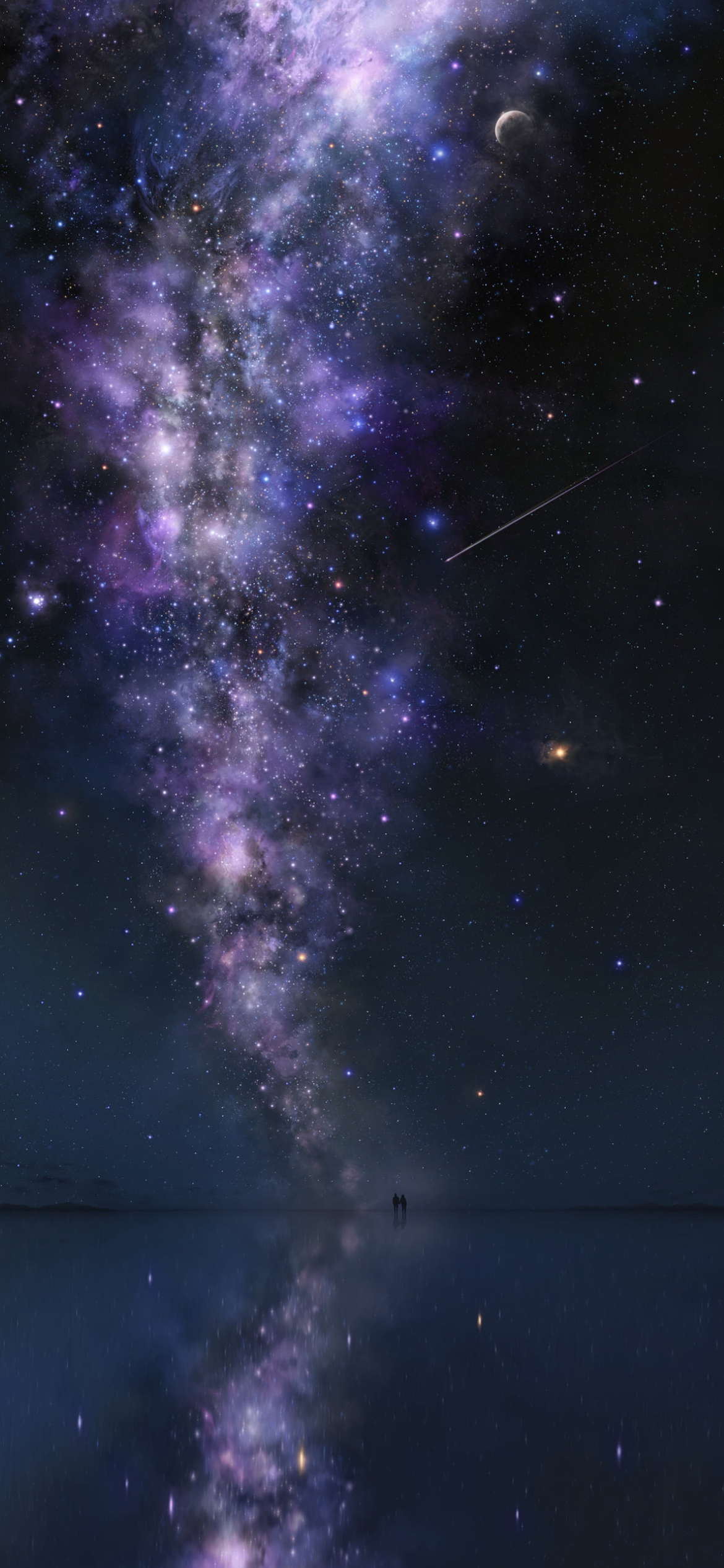 湖に映る紫の宇宙 / 星を眺めるカップルの1170 x 2532 / スマホ壁紙