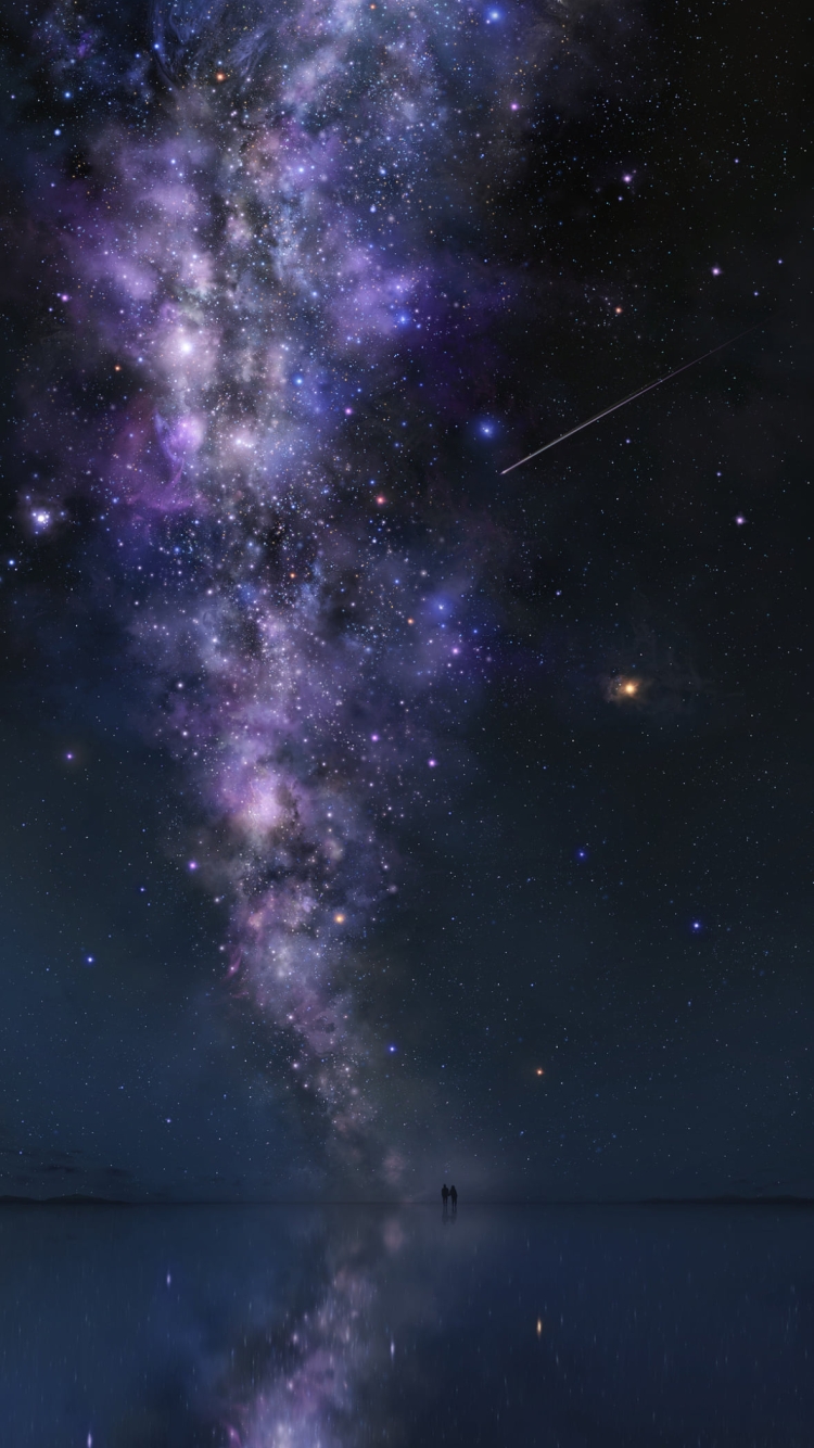 湖に映る紫の宇宙 / 星を眺めるカップルの750 x 1334 / スマホ壁紙