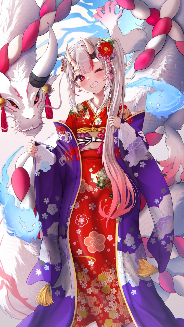 白いドラゴンと百鬼あやめ / ホロライブ / バーチャルYouTuber / Vtuberの750 x 1334 / スマホ壁紙
