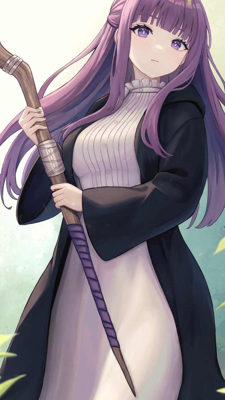 緑の草木と大きな杖を持つフェルン / 葬送のフリーレンの750 x 1334 / スマホ壁紙