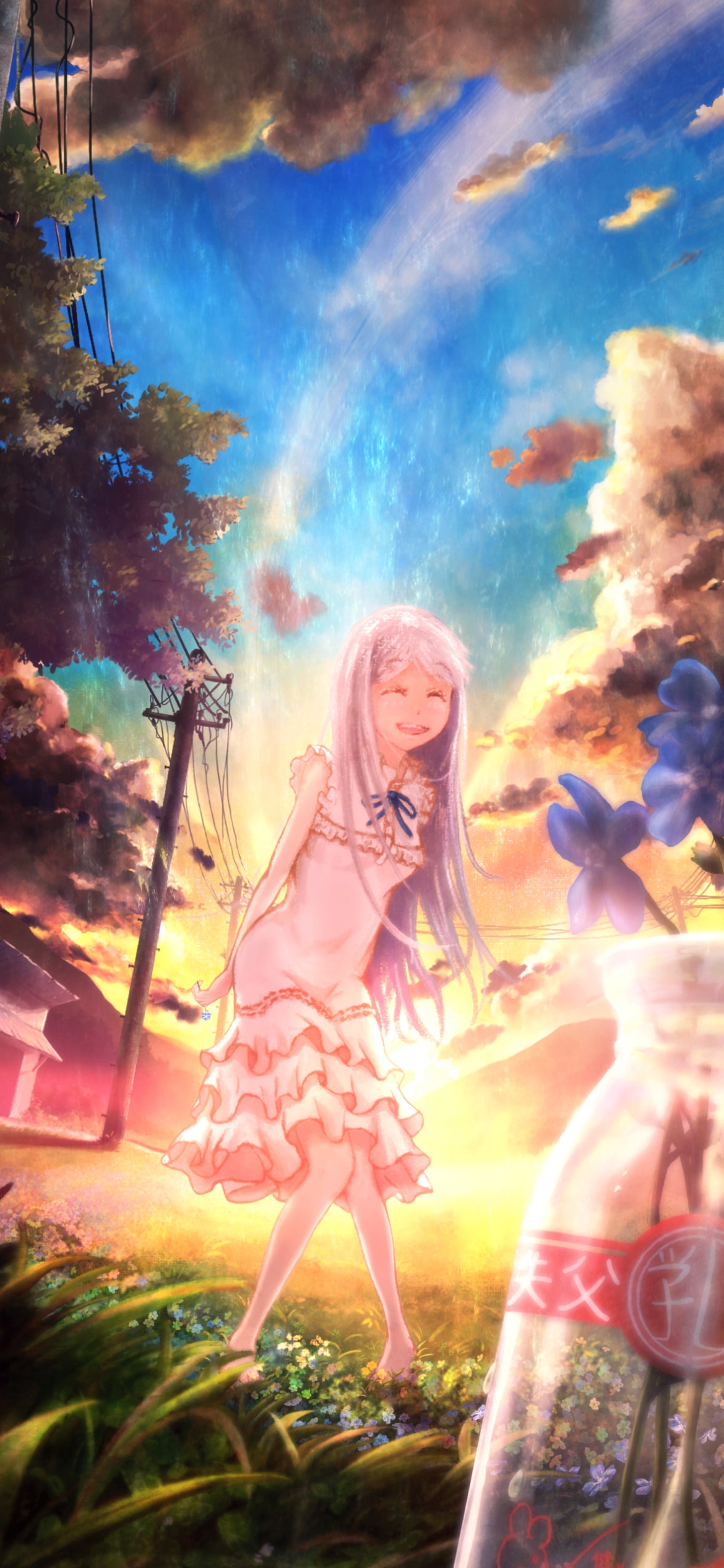 牛乳瓶に入った青い花と本間芽衣子 / あの日見た花の名前を僕達はまだ知らない。の1170 x 2532 / スマホ壁紙