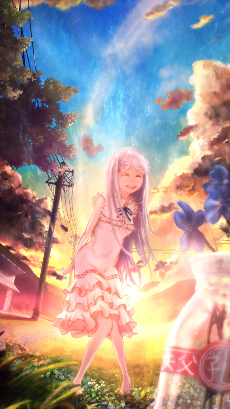 牛乳瓶に入った青い花と本間芽衣子 / あの日見た花の名前を僕達はまだ知らない。の750 x 1334 / スマホ壁紙