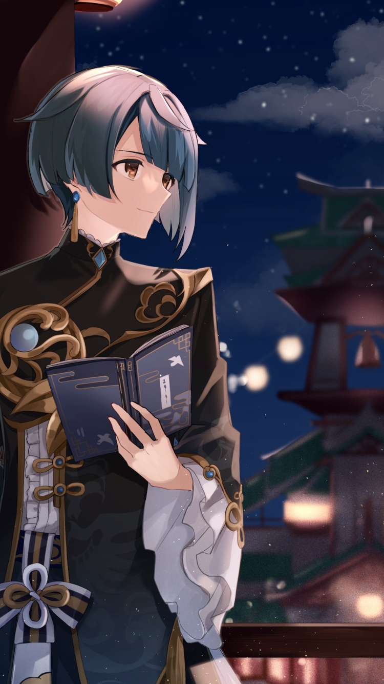夜、柱にもたれ本を読む行秋 / 原神の750 x 1334 / スマホ壁紙