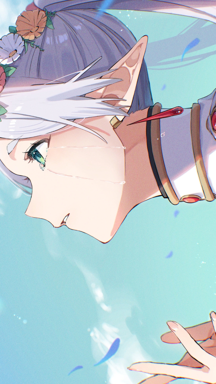 涙を流して空を見上げるフリーレン / 葬送のフリーレンの750 x 1334 / スマホ壁紙