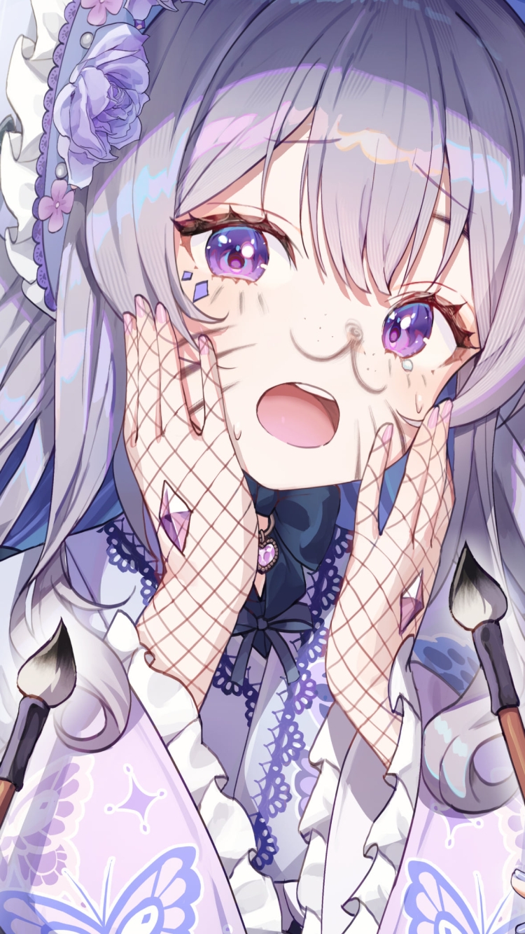 筆で顔に落書きをされる古石ビジュー / 可愛い / ホロライブ / バーチャルYouTuber / Vtuberの750 x 1334 / スマホ壁紙
