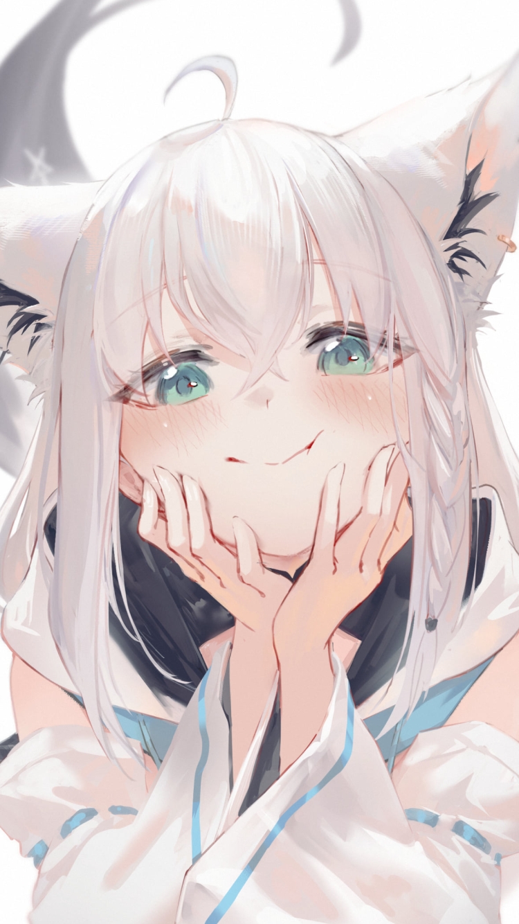 頬杖をついてこちらを見つめる可愛い白上フブキ / ホロライブ / バーチャルYouTuber / Vtuberの750 x 1334 / スマホ壁紙