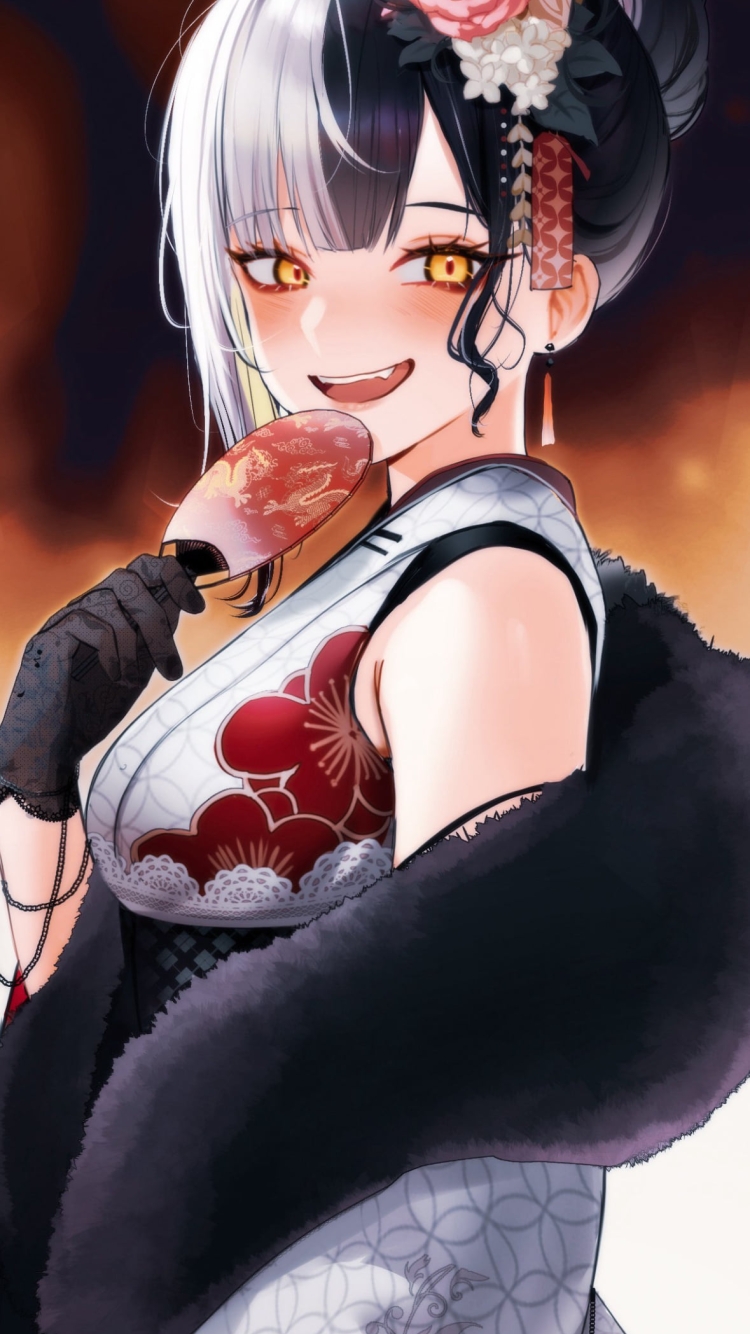 団扇を持ち微笑むシオリ・ノヴェラ / ホロライブ / バーチャルYouTuber / Vtuberの750 x 1334 / スマホ壁紙