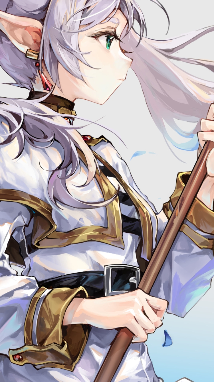杖を両手で持ち遠くを見つめる綺麗なフリーレン / 葬送のフリーレンの750 x 1334 / スマホ壁紙