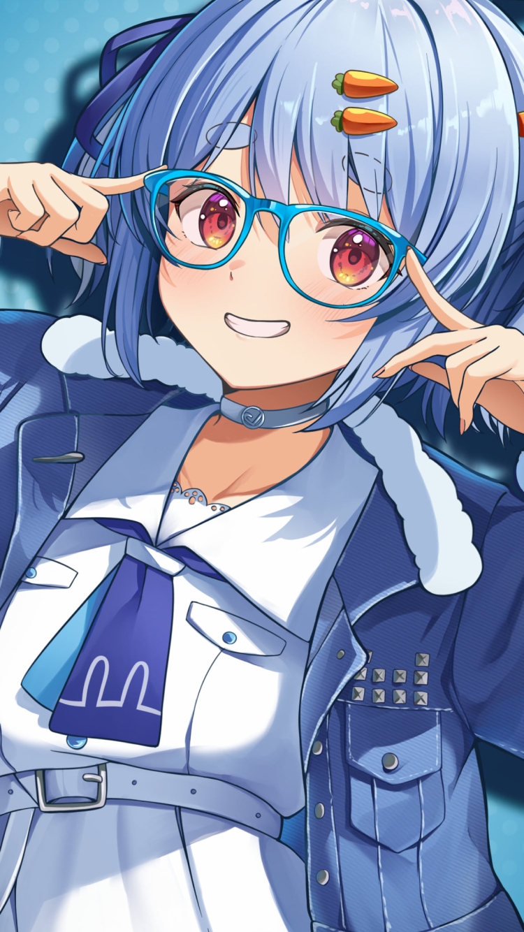 水色のメガネをかけた兎田ぺこら / ホロライブ / バーチャルYouTuber / Vtuberの750 x 1334 / スマホ壁紙